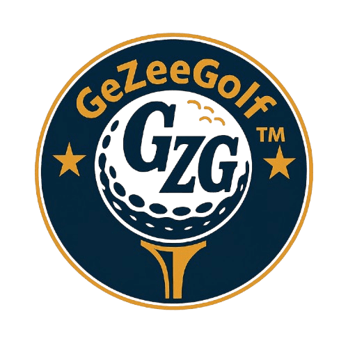 Logo of GeZeeGolf featuring golf ball and tee in blue and orange.