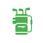 Green golf bag icon on white circle.